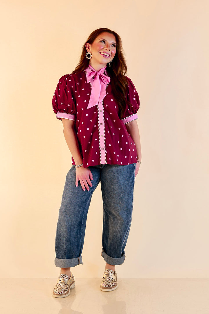 Pop of Polish Short Puff Sleeve Button Front Polka Dot Print Top with Contrast Trim in Maroon and Pink