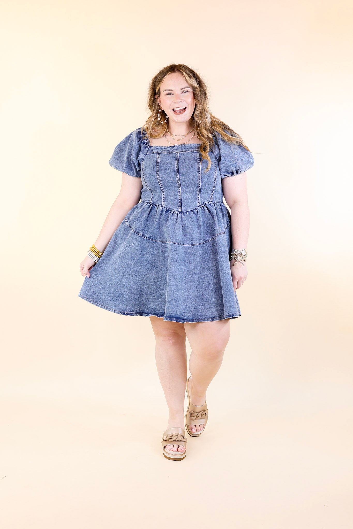 Denim Delight Babydoll Dress with Puff Sleeves in Medium Wash