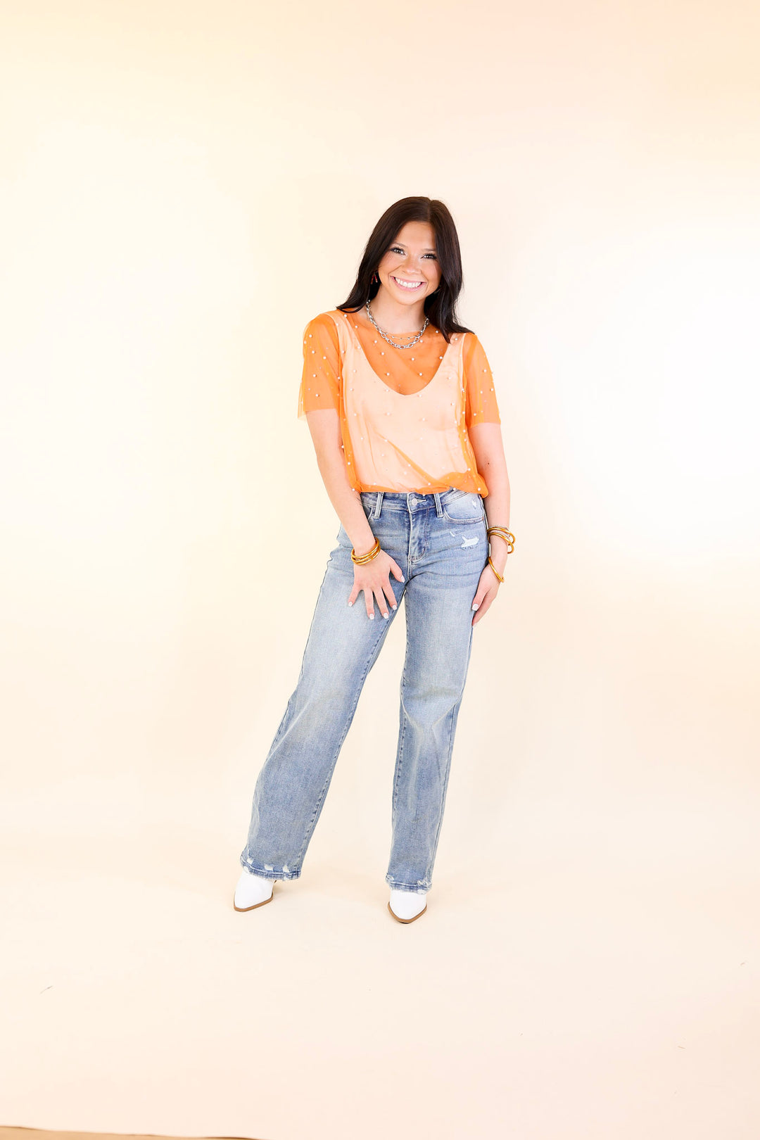 Shimmer in Style Mesh Short Sleeve Top with Pearls and Rhinestones in Orange