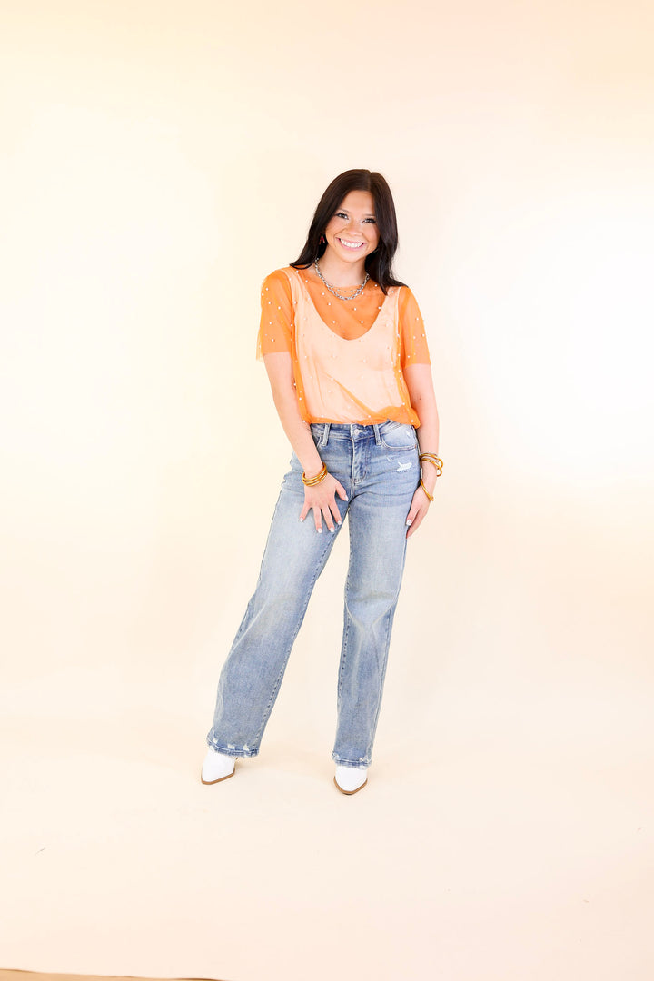 Shimmer in Style Mesh Short Sleeve Top with Pearls and Rhinestones in Orange