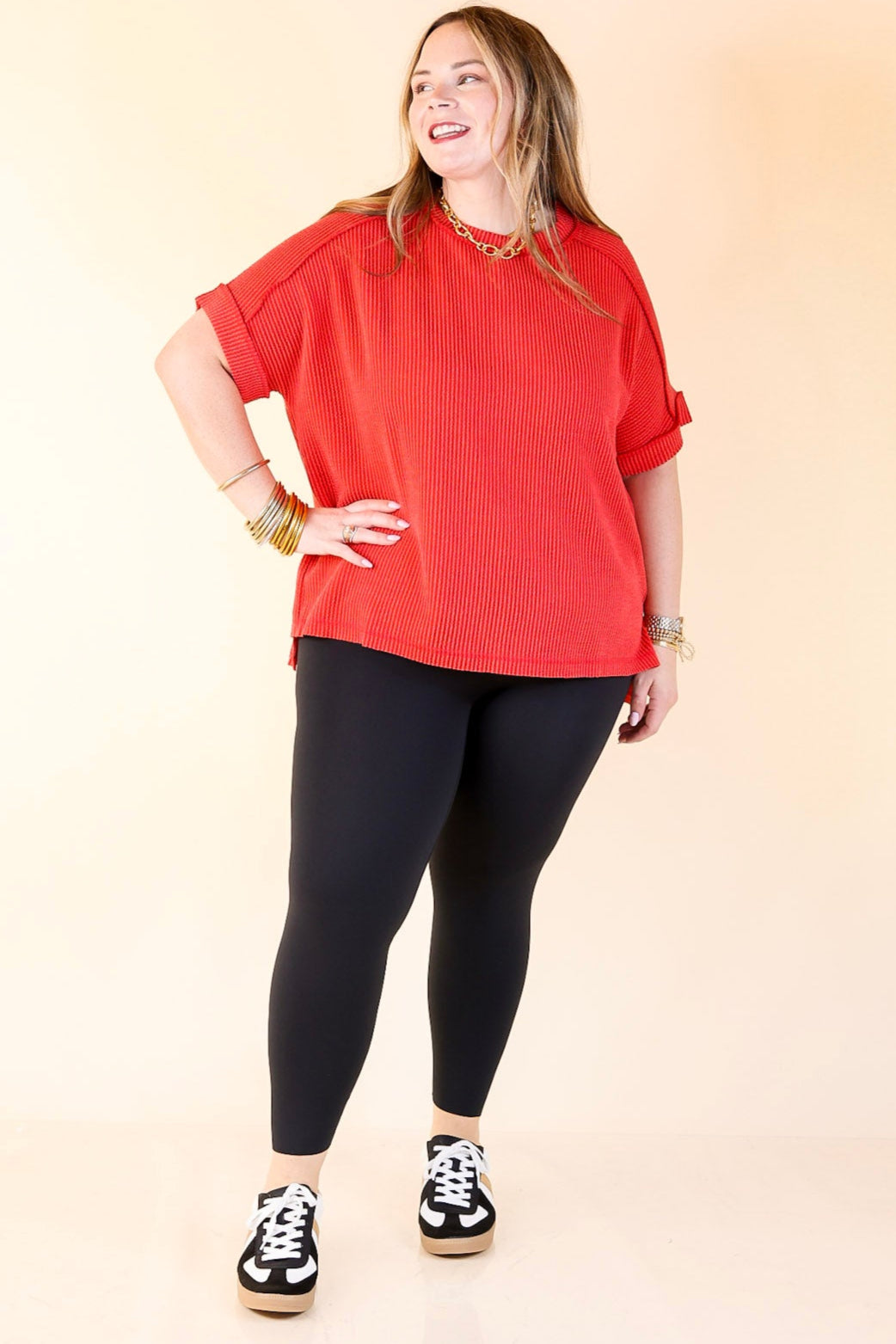Daily Perfection Scoop Neck Short Sleeve Ribbed Top in Red