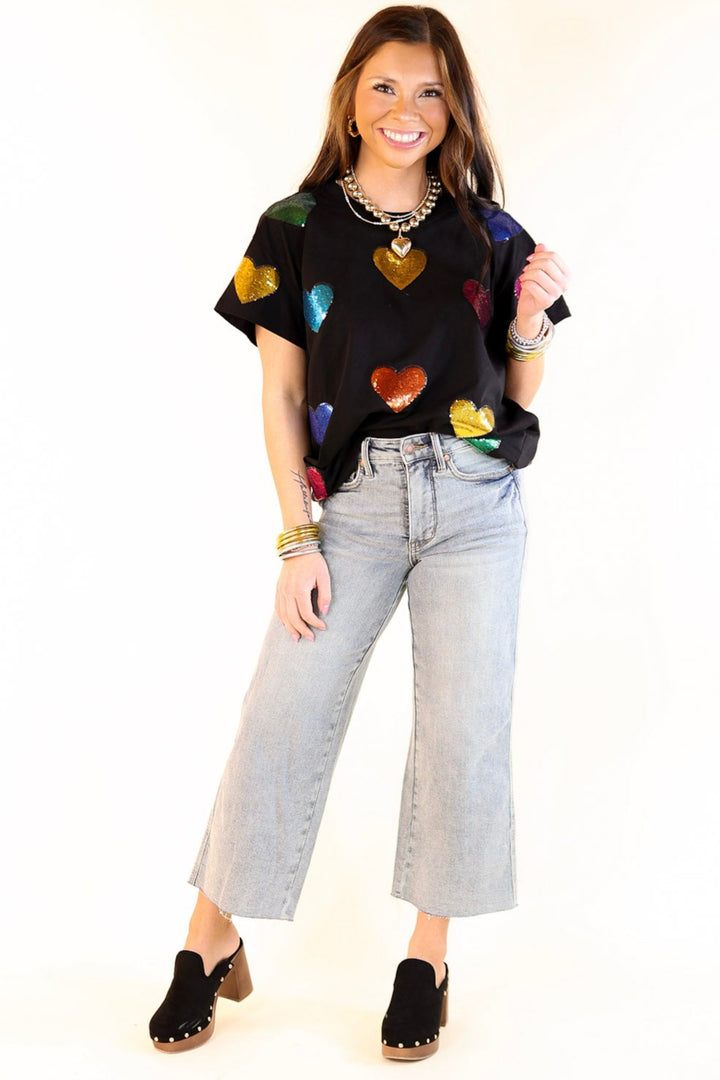 Queen Of Sparkles | Fluttering Hearts Multi-Colored Sequin Top in Black