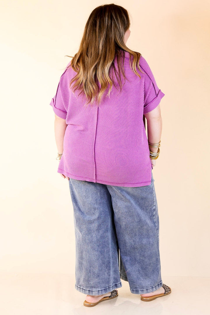 Daily Perfection Scoop Neck Short Sleeve Ribbed Top in Purple