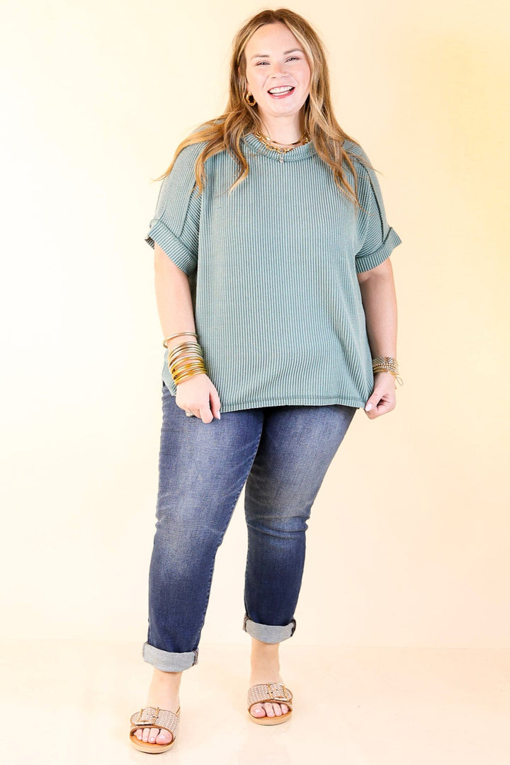 Daily Perfection Scoop Neck Short Sleeve Ribbed Top in Jade Green