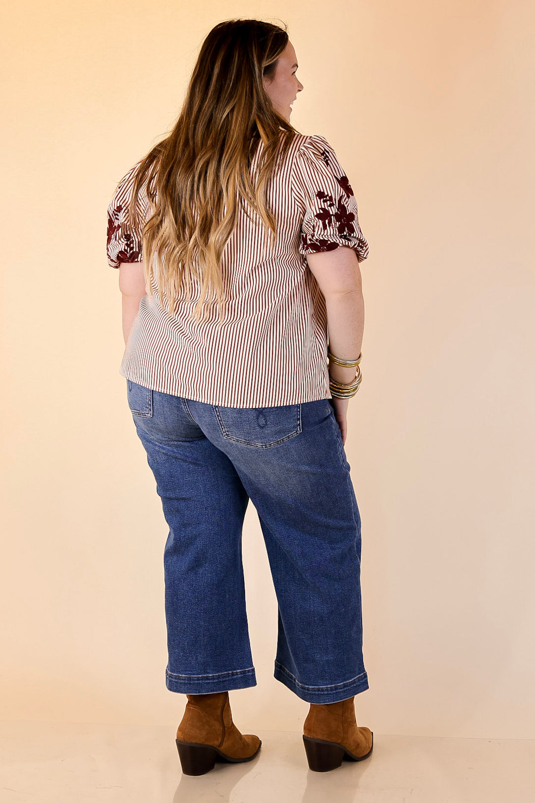 Sweet Intentions Button Down Striped Top with Puff Embroidered Sleeves in Maroon