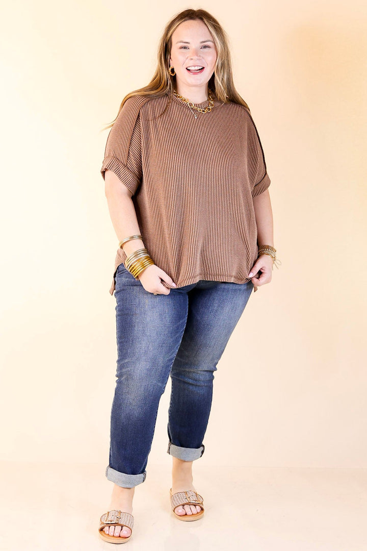 Daily Perfection Scoop Neck Short Sleeve Ribbed Top in Brown