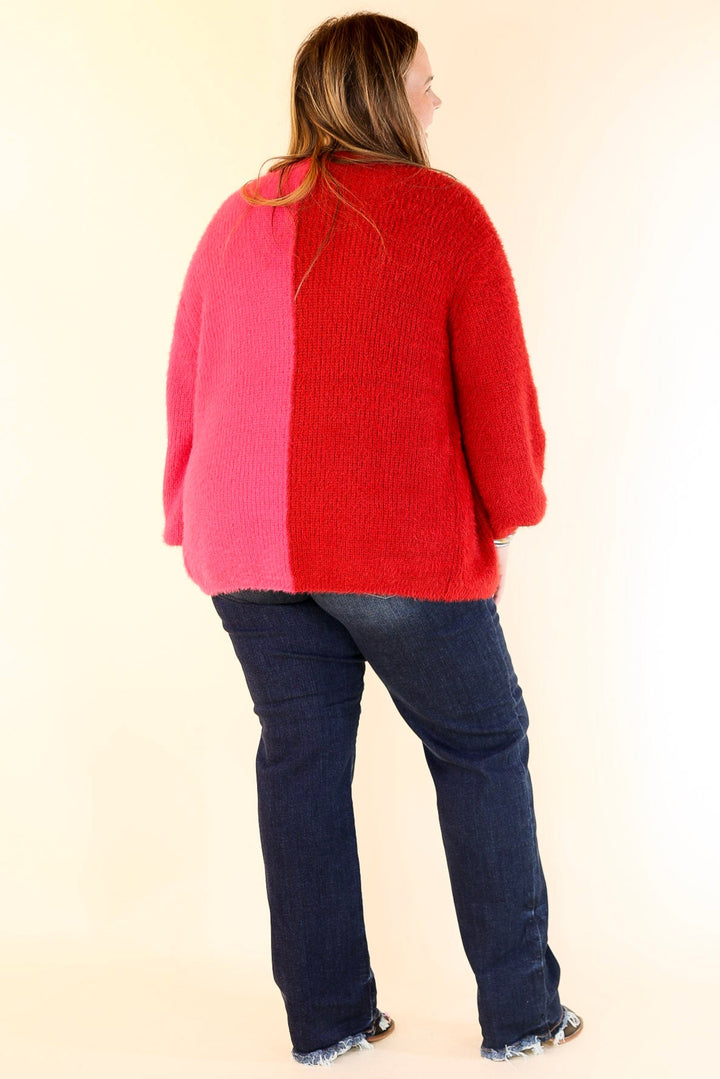 Fireside Feels Color Block Button Up Cardigan with Balloon Sleeves in Hot Pink and Red