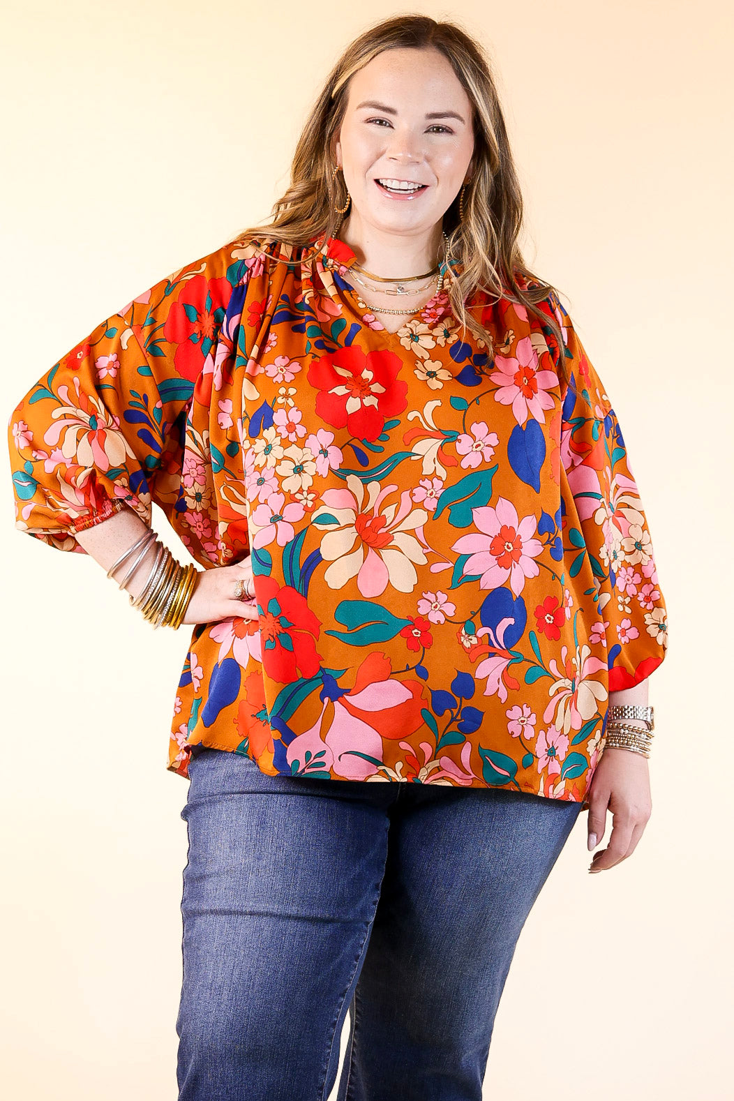 Falling For Floral 3/4 Sleeve Top with Notched Neck in Camel Brown