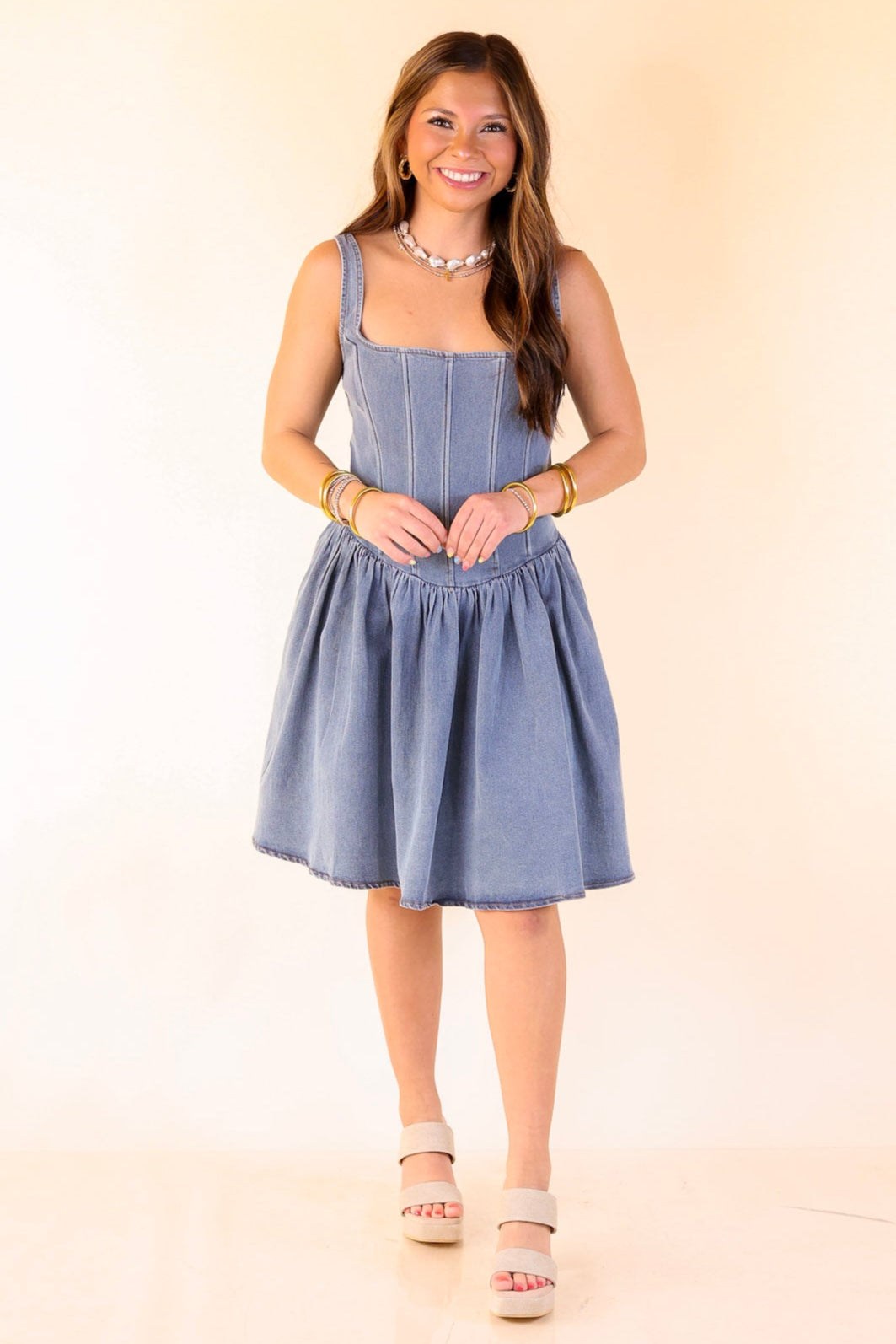 Flirt Factor Corset Denim Dress with Smoked Back in Denim