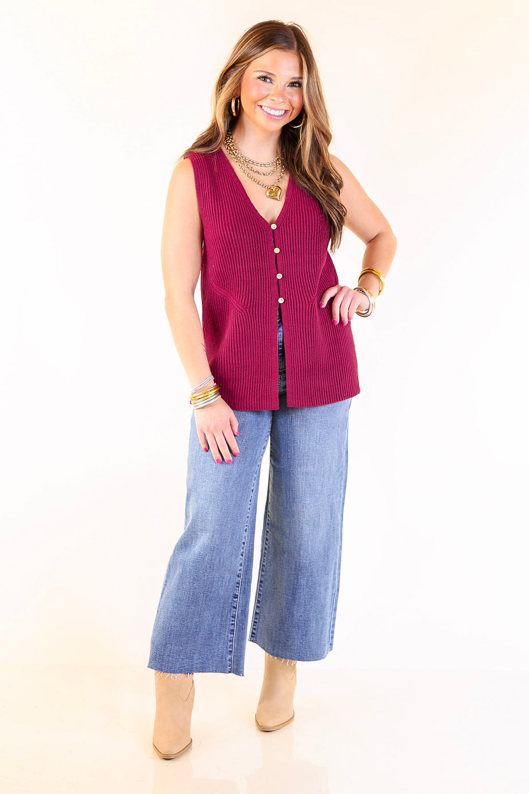 Sharp and Chic Button Front Ribbed Knit Sweater Vest in Maroon