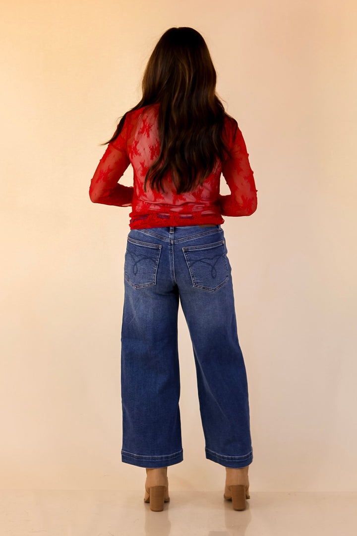 Daringly Delicate Sheer Mock Neck Long Sleeve Lace Top in Red