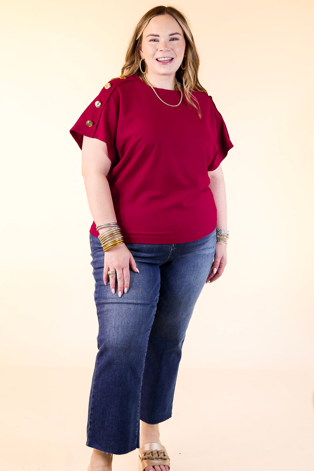 Golden Hour Glow Ribbed Crew Neck Top With Gold Button Detailing in Maroon