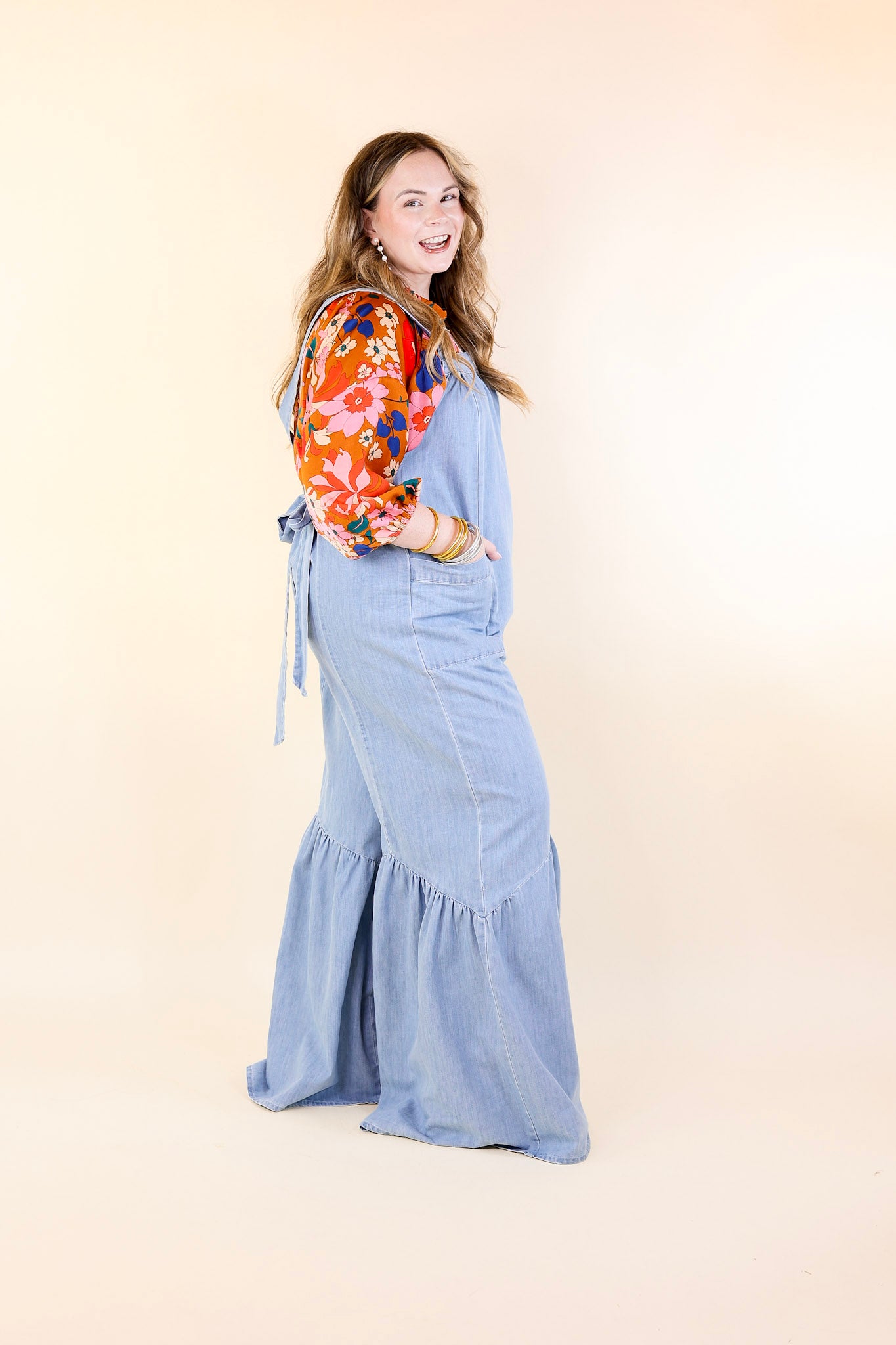 Vintage Vibes Denim Jumpsuit with Tie Straps in Light Wash