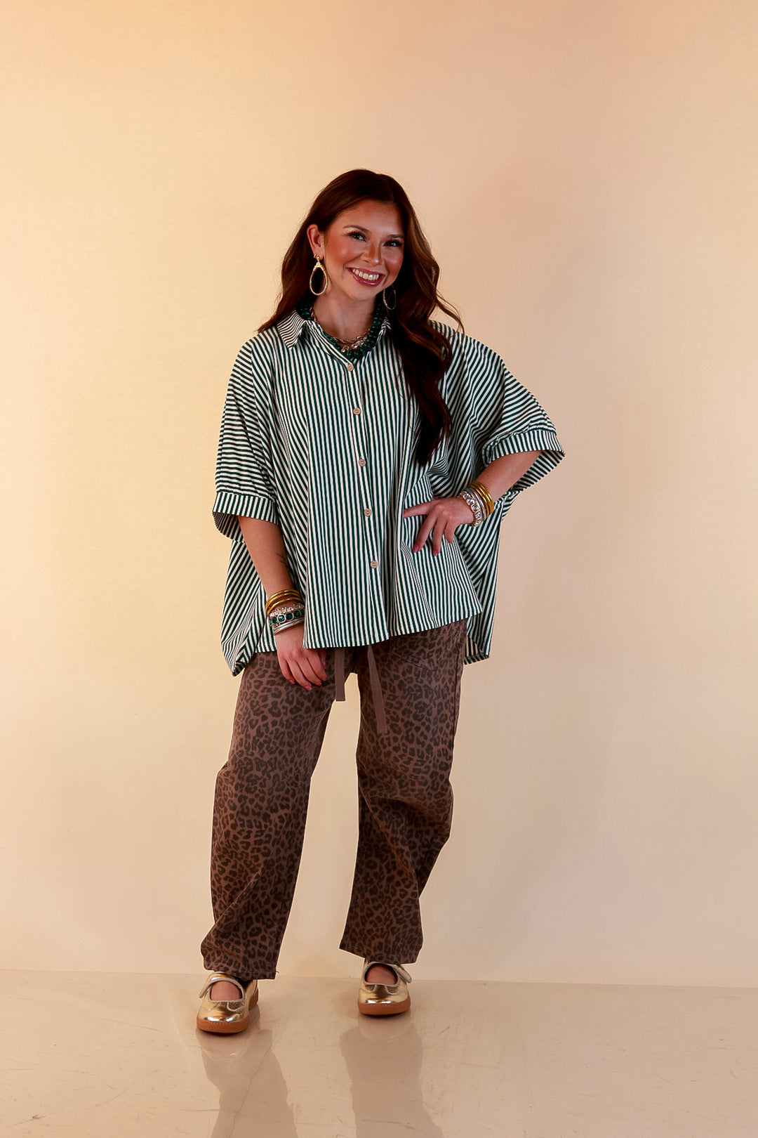 Perfectly Aligned Button Down Collared Top with Vertical Ivory Stripe Detail in Forest Green