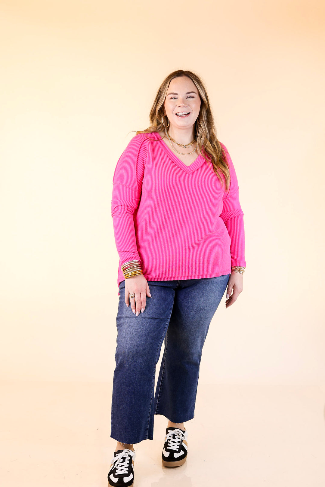 Daily Perfection V-Neck Long Sleeve Ribbed Top in Hot Pink