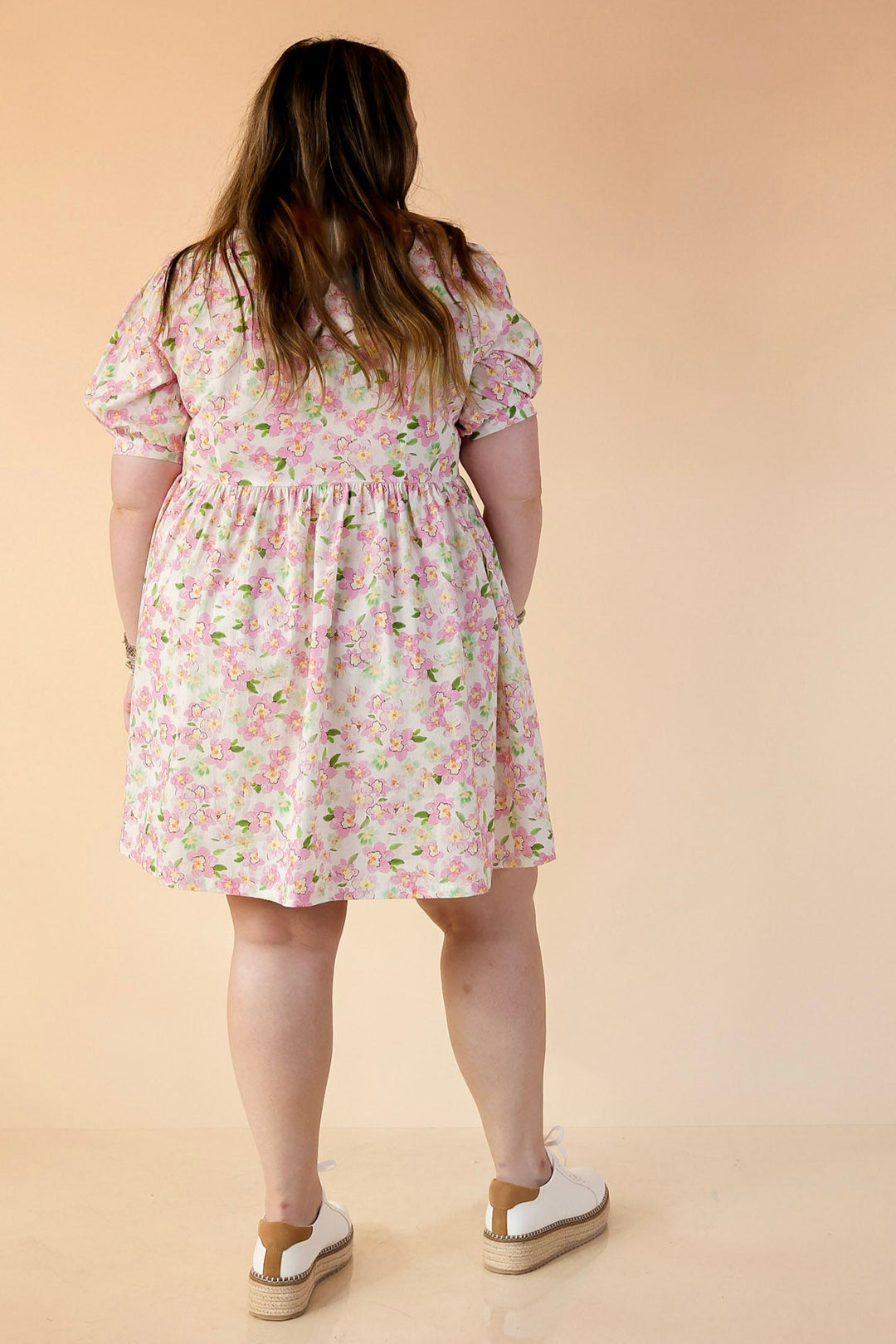 Pretty in Petals Pink Floral Babydoll Dress with Peter Pan Collar in Cream