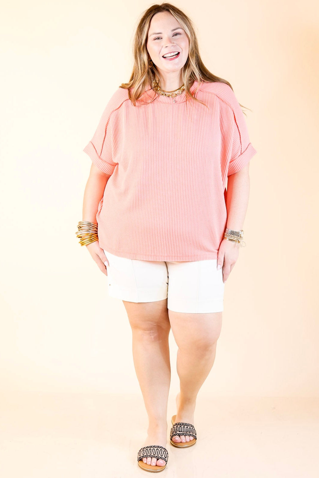 Daily Perfection Scoop Neck Short Sleeve Ribbed Top in Salmon Orange