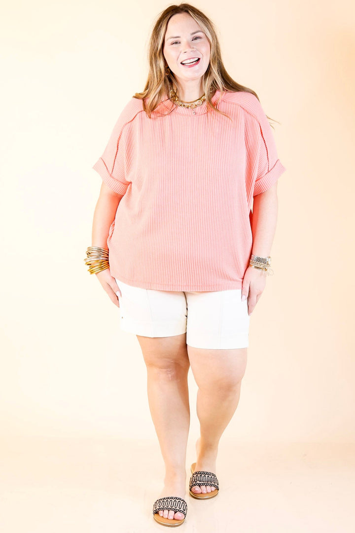 Daily Perfection Scoop Neck Short Sleeve Ribbed Top in Salmon Orange