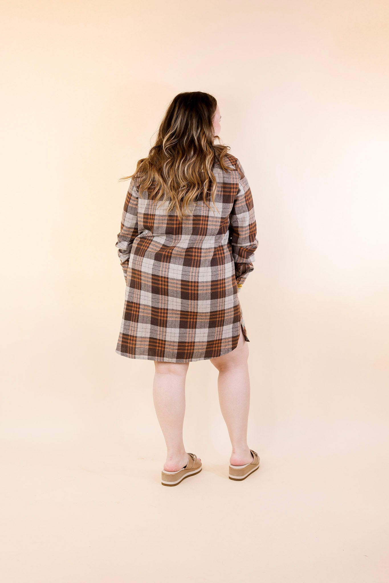 Loving In Layers Tribal Embroidered Plaid Button Up Dress in Brown Mix