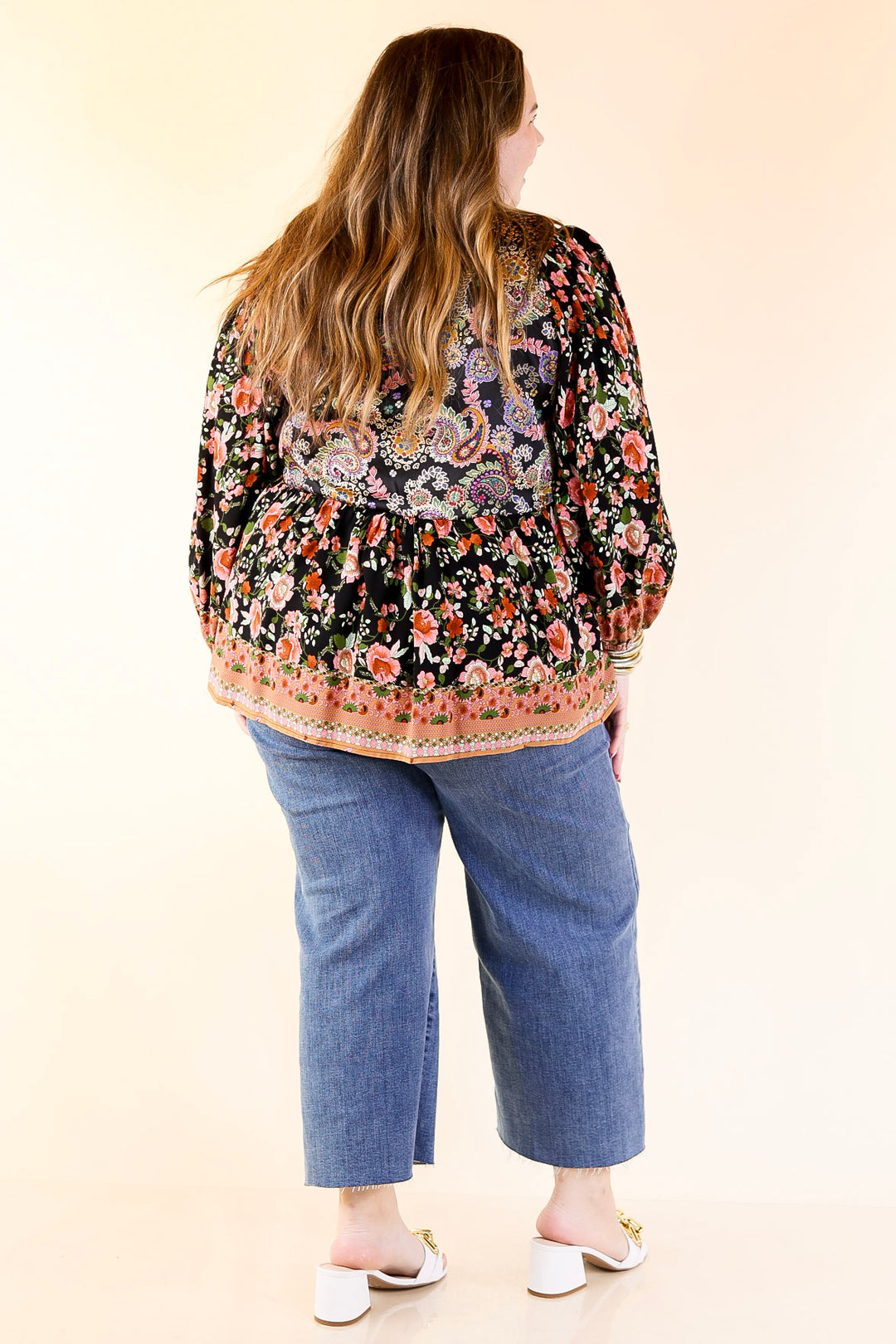 Floral Fusion Long Sleeve Floral Print Top in Black