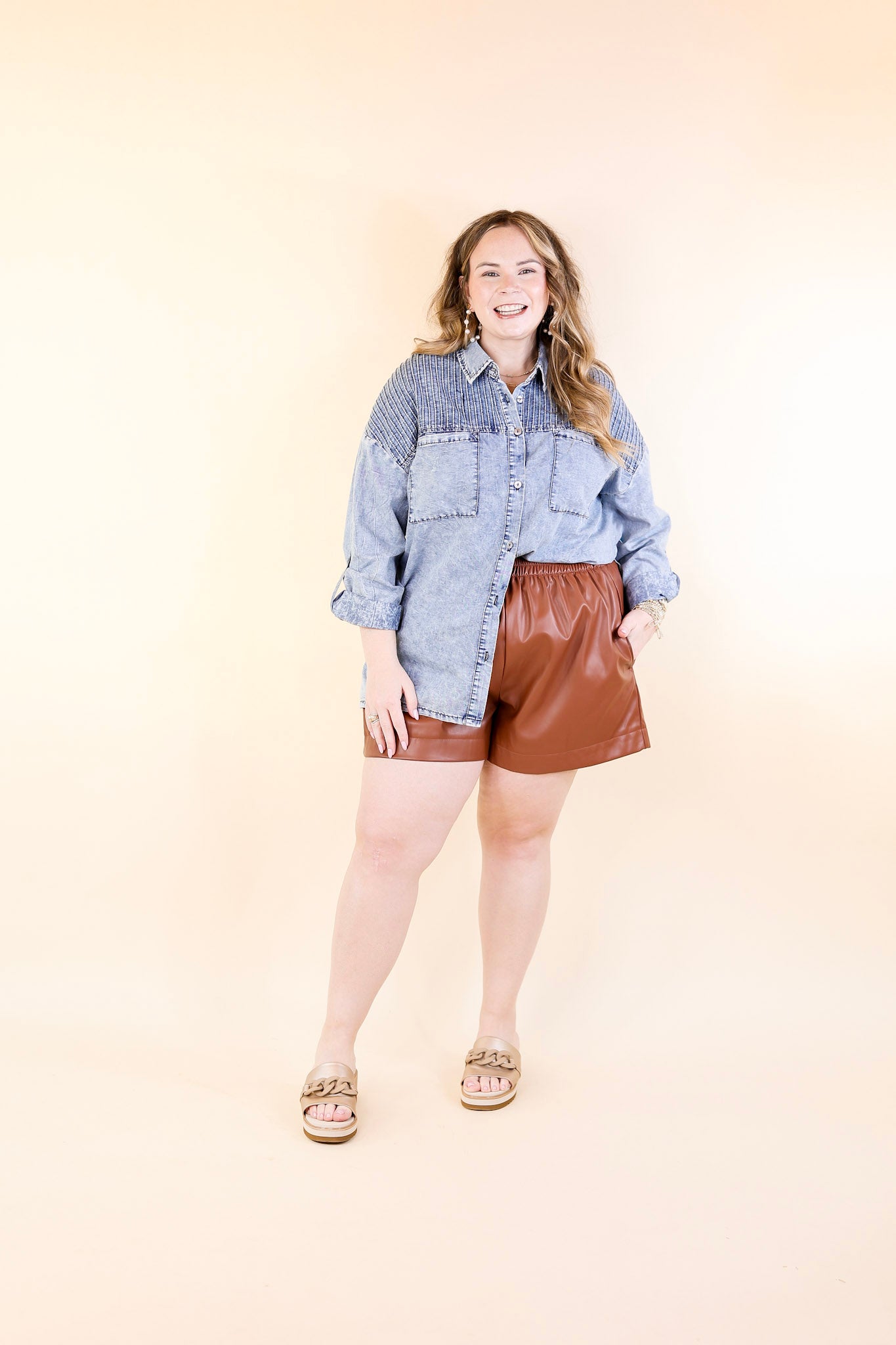 Dawn Of Time Pleated Button Up Denim Top