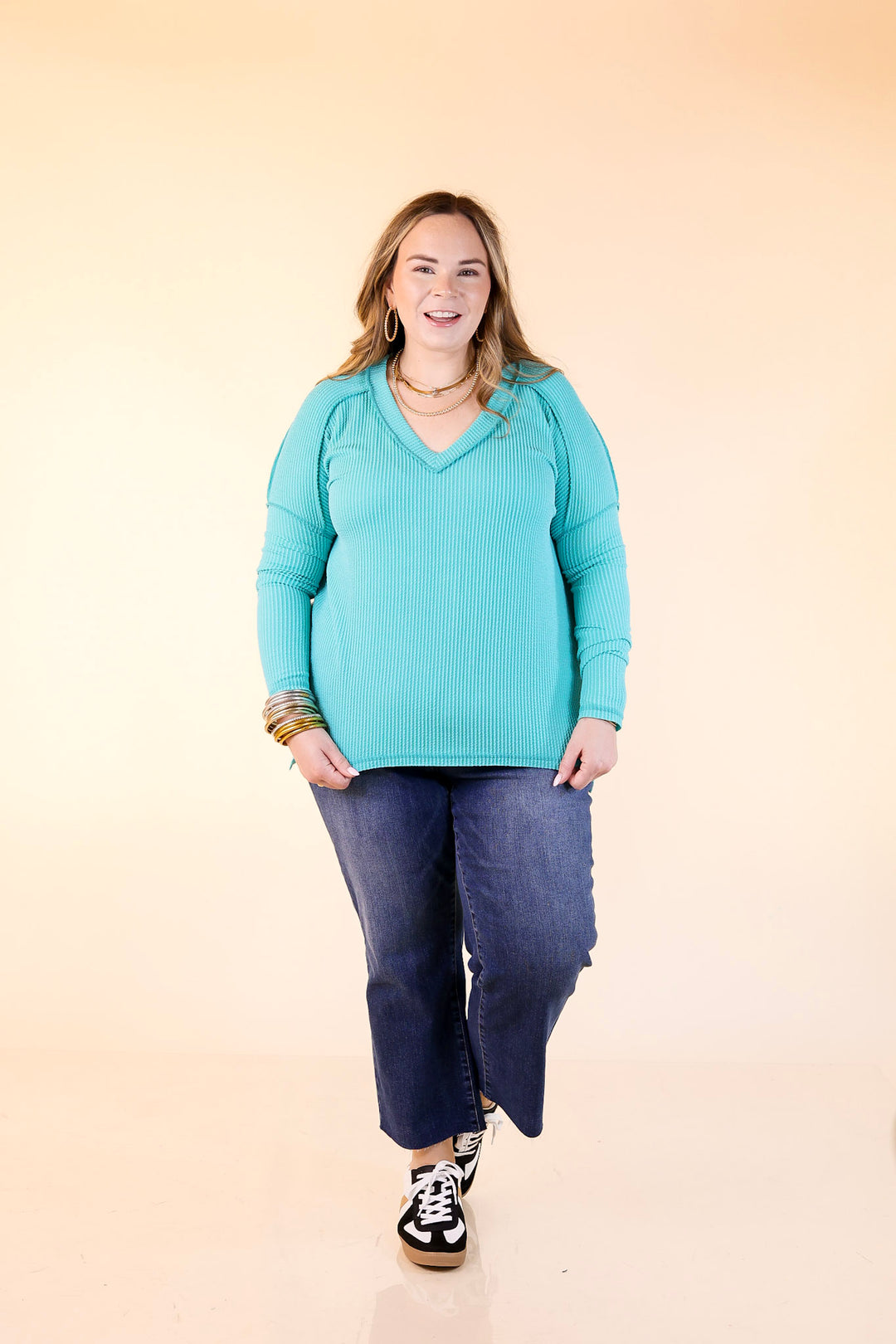 Daily Perfection V-Neck Long Sleeve Ribbed Top in Turquoise Blue