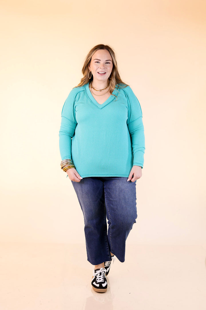 Daily Perfection V-Neck Long Sleeve Ribbed Top in Turquoise Blue