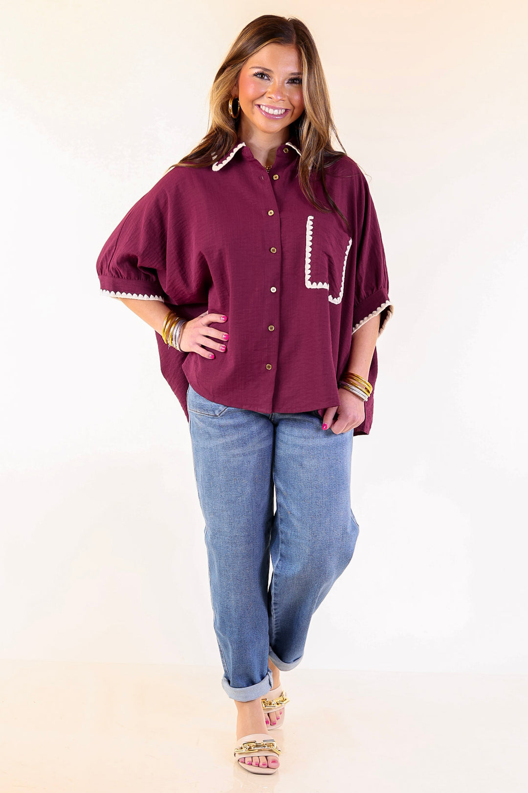 In Good Company Button Up Top with Scalloped Trim Stitching in Maroon