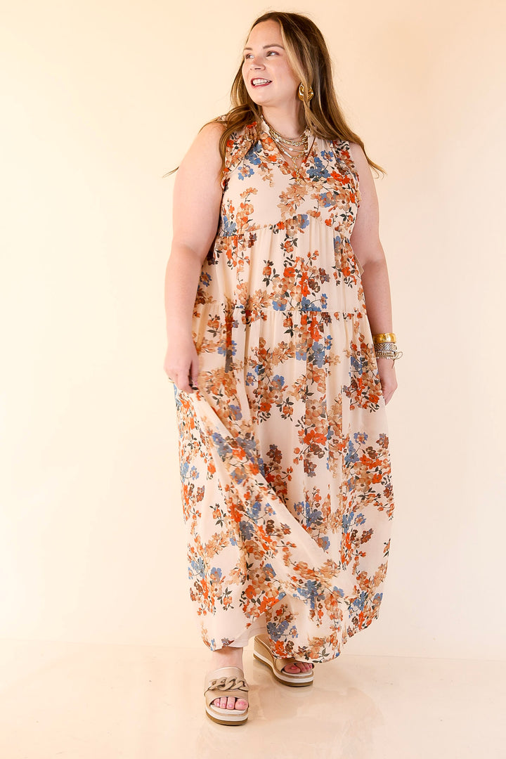 Twirl into Fall Notched Neck Tiered Floral Maxi Dress in Ivory