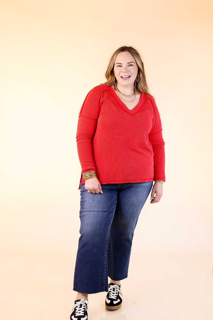 Daily Perfection V-Neck Long Sleeve Ribbed Top in Ruby Red
