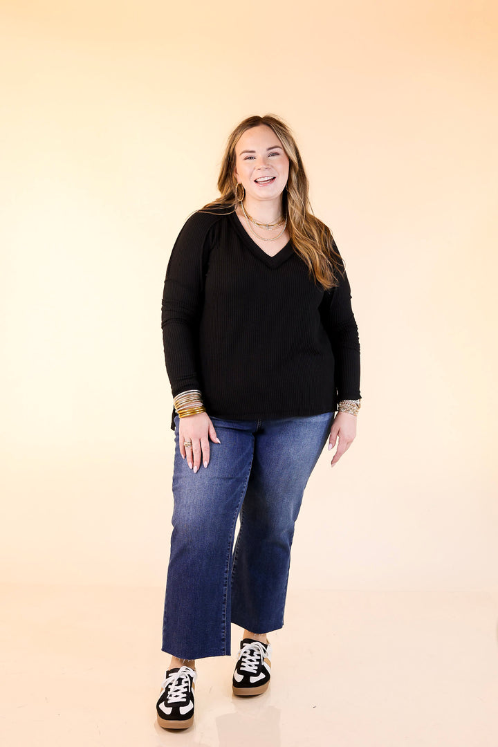 Daily Perfection V-Neck Long Sleeve Ribbed Top in Black