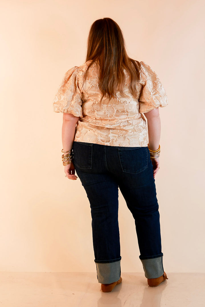 Pretty in Practice Textured Floral Print Puff Sleeve Blouse in Champagne Ivory