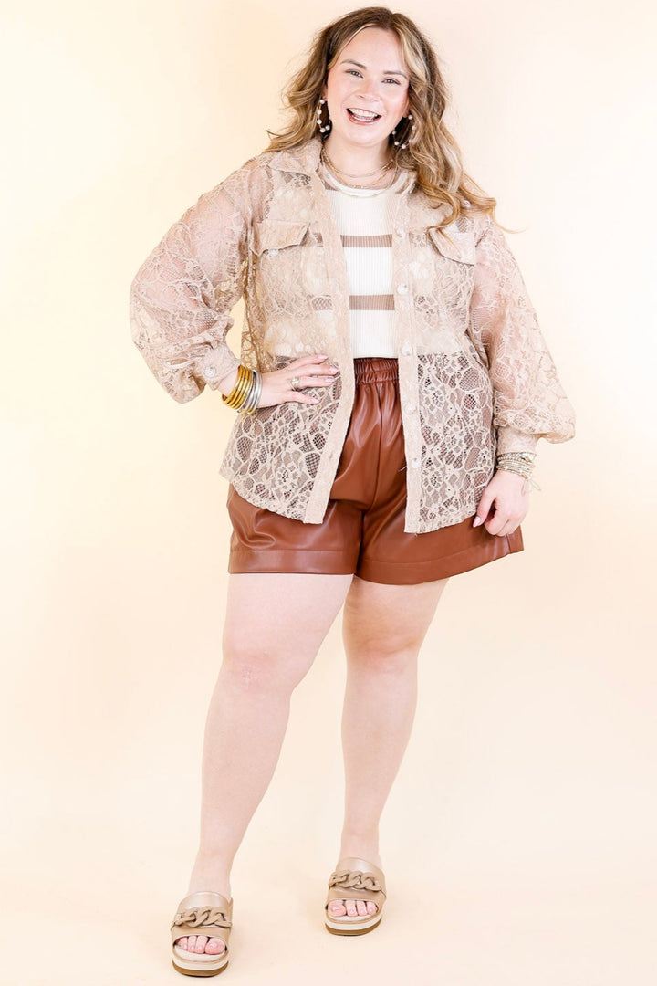 Sheer Chic Collared Button Up Lace Top in Taupe