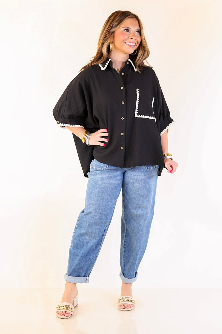 In Good Company Button Up Top with Scalloped Trim Stitching in Black