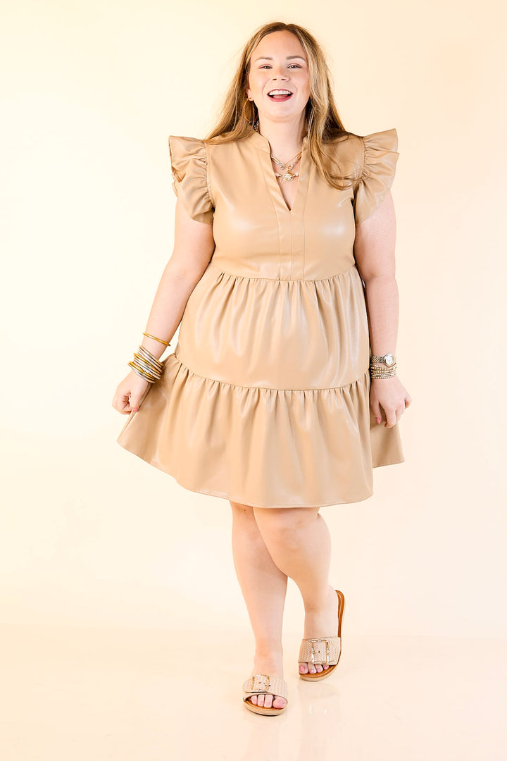 Magnolia Morning Ruffle Cap Sleeve Faux Leather Short Dress in Cream