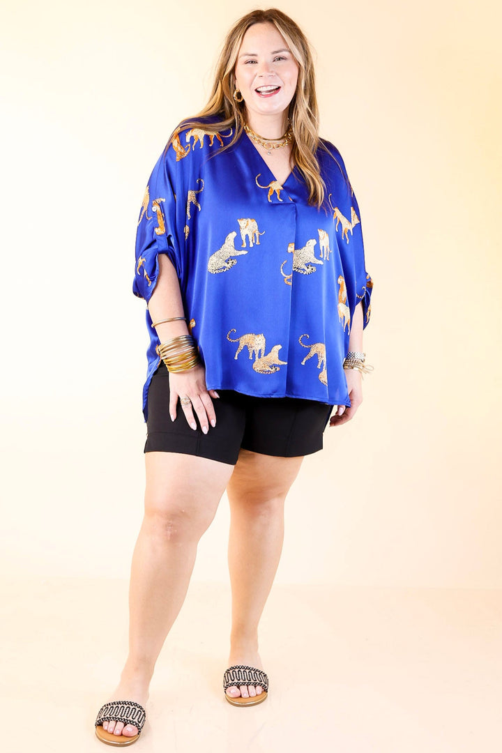 Staying Wild V-Neck Leopard Print 3/4 Sleeve Blouse in Royal Blue