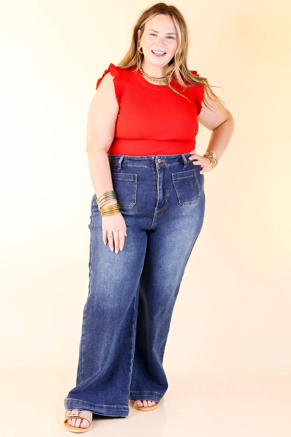 Flirty Frill Scoop Neck Top with Ruffle Sleeves in Red