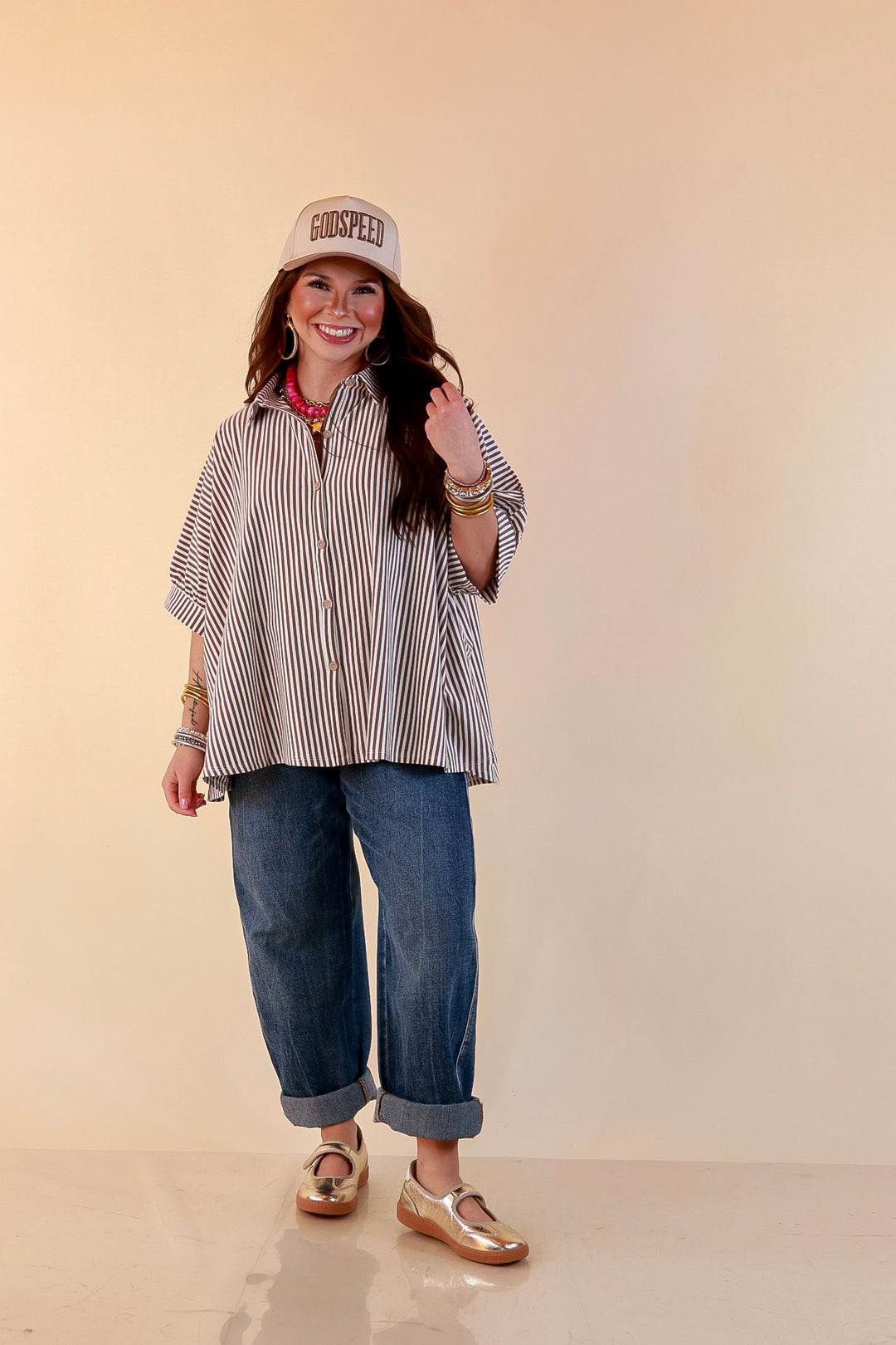 Perfectly Aligned Button Down Collared Top with Vertical Ivory Stripe Detail in Taupe Brown