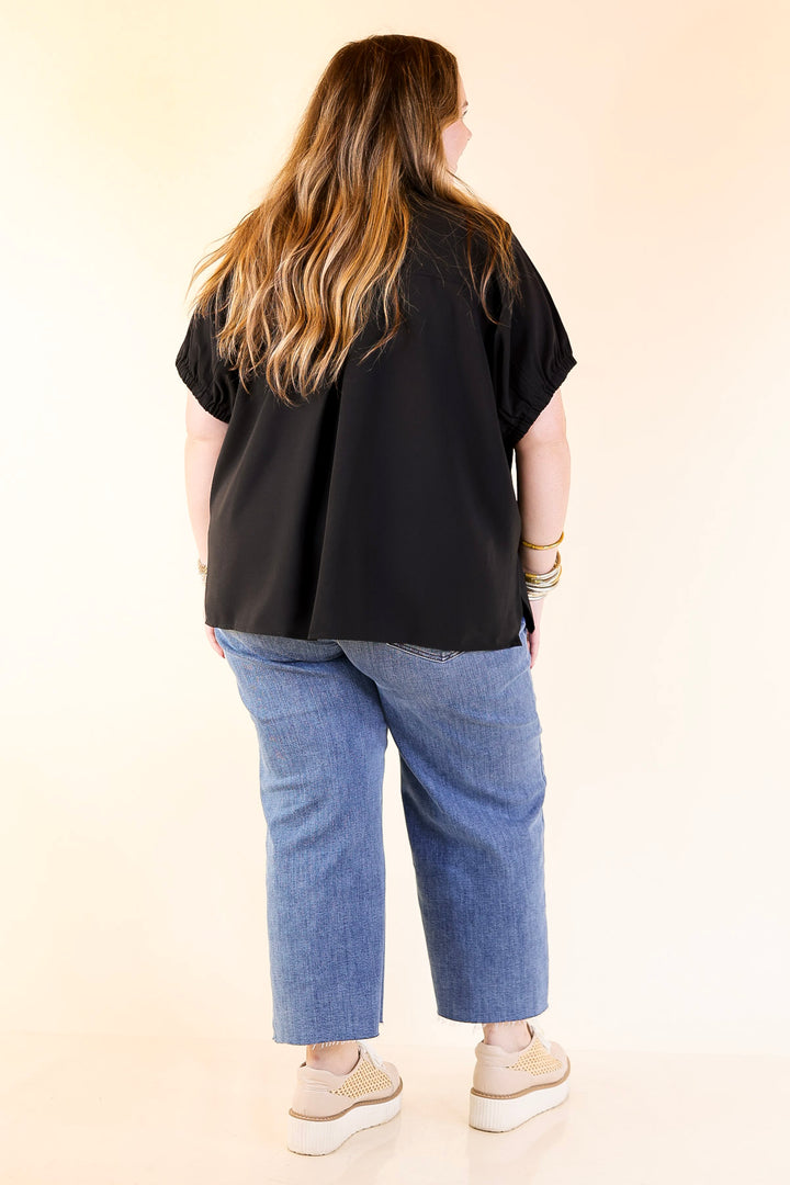 Fresh Start Collared V-Neck Blouse With Drop Shoulder in Black