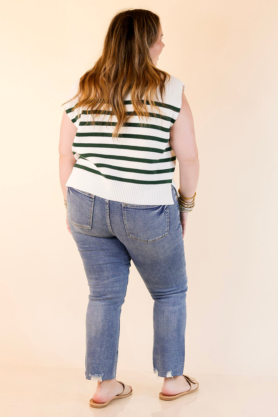 Stripe Things Up Drop Shoulder Knit Sweater in White with Forest Green Stripes