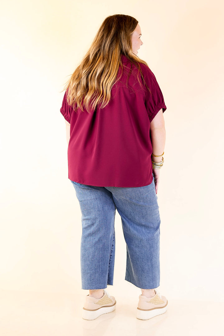 Fresh Start Collared V-Neck Blouse With Drop Shoulder in Maroon
