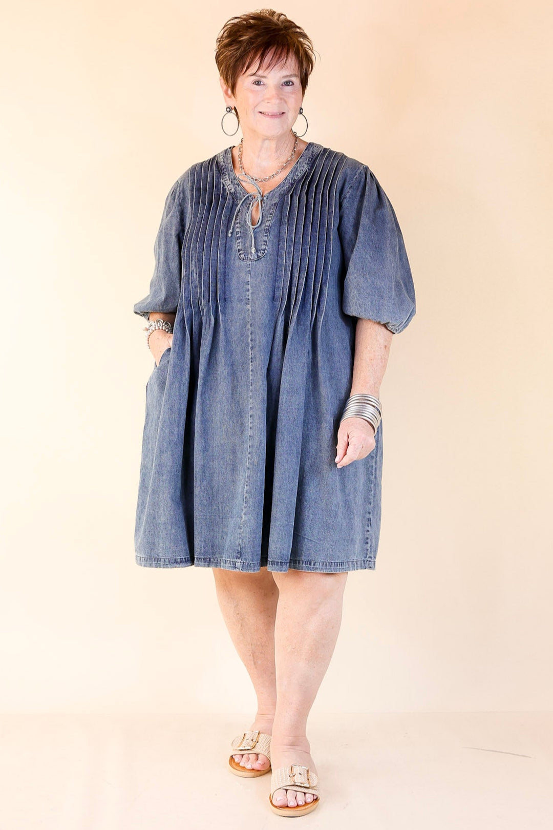 Breezy Beauty Denim Dress with Bow Keyhole and Front Pleating in Medium Wash