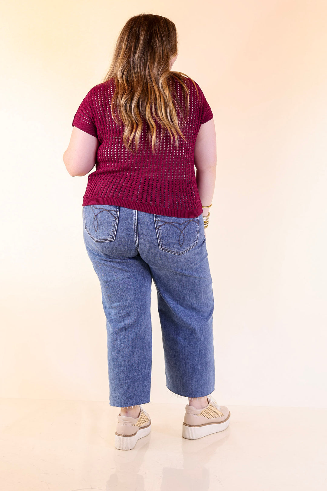 Breezy Intentions Open Knit Short Sleeve Sweater in Maroon