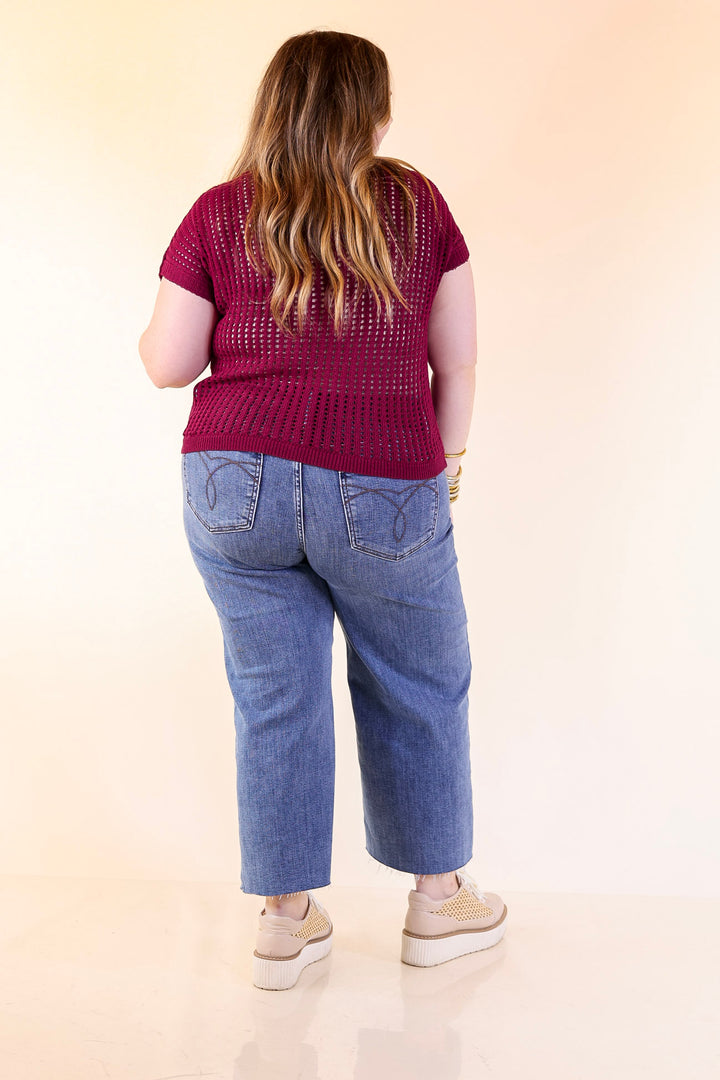 Breezy Intentions Open Knit Short Sleeve Sweater in Maroon