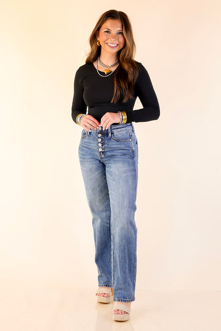 Judy Blue | Simply Styled Rigid Magic Button Fly Slim Straight Jeans in Medium Wash