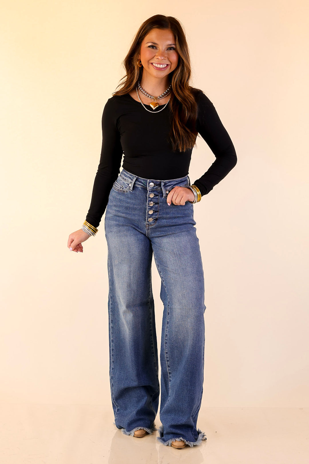 Judy Blue | Sharp Statement Straight Wide Leg Button Fly Jeans with Raw Hem in Dark Wash