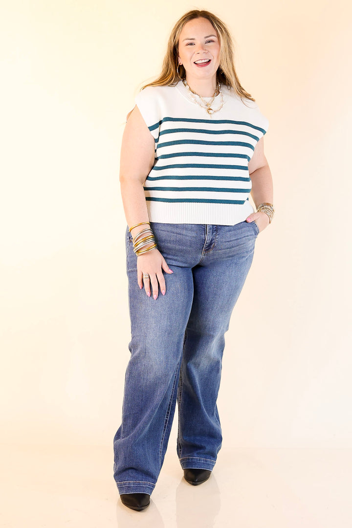 Stripe Things Up Drop Shoulder Knit Sweater in White with Teal Blue Stripes