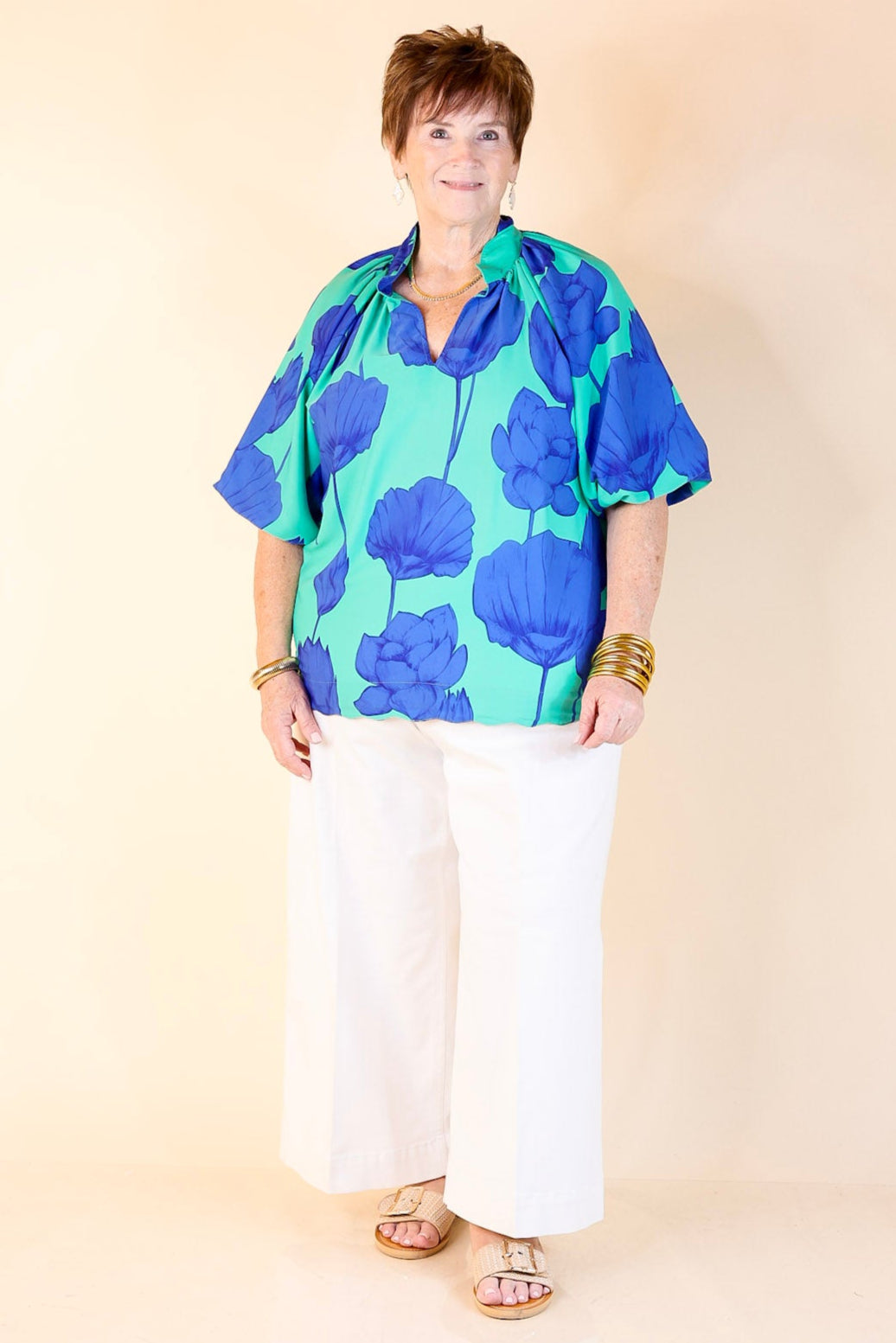 Puff & Petal V-Neck Blue Flower Print with Collar in Jade Blue