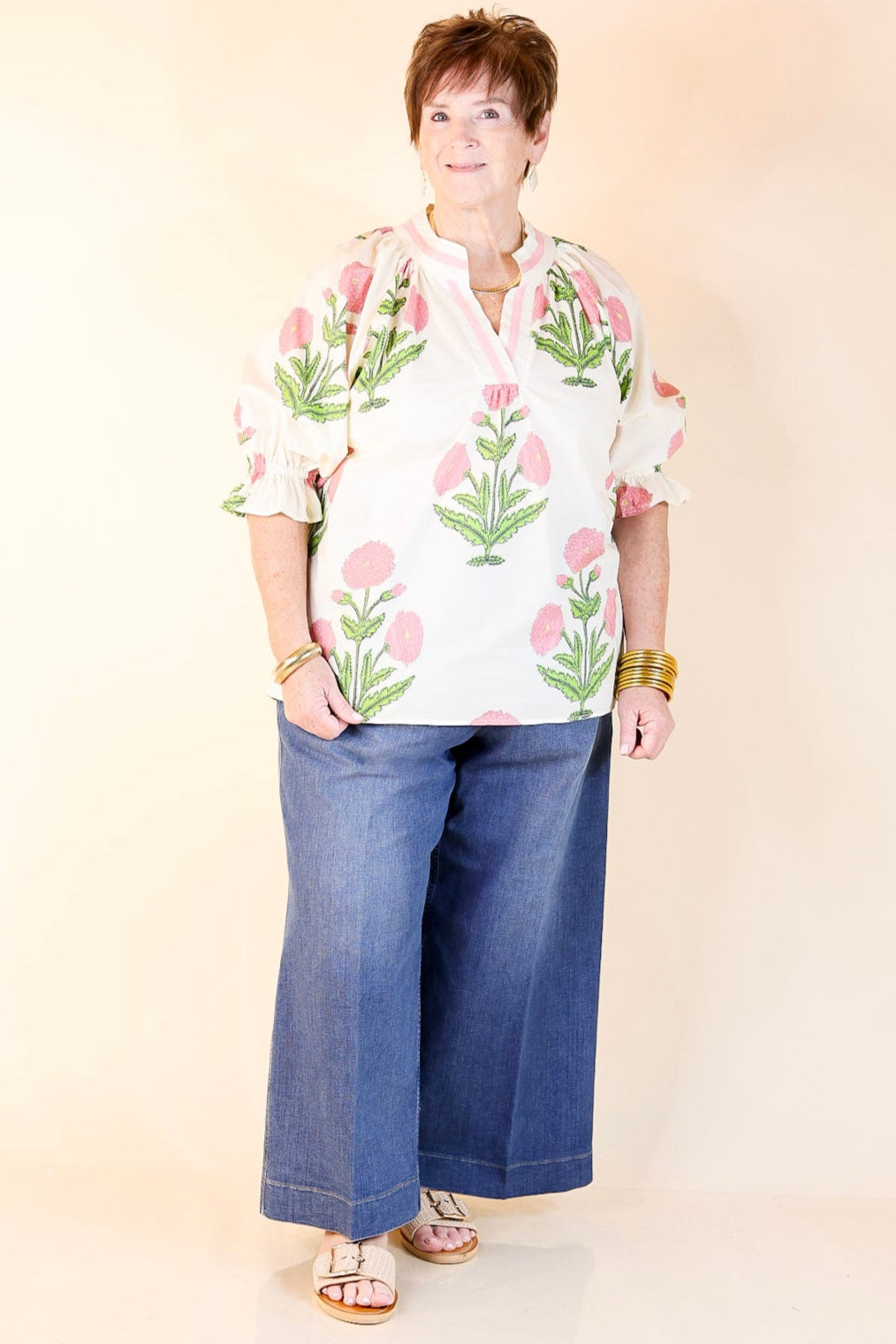 Polished in Petals Floral Print Blouse with Ruffle Sleeves in Cream