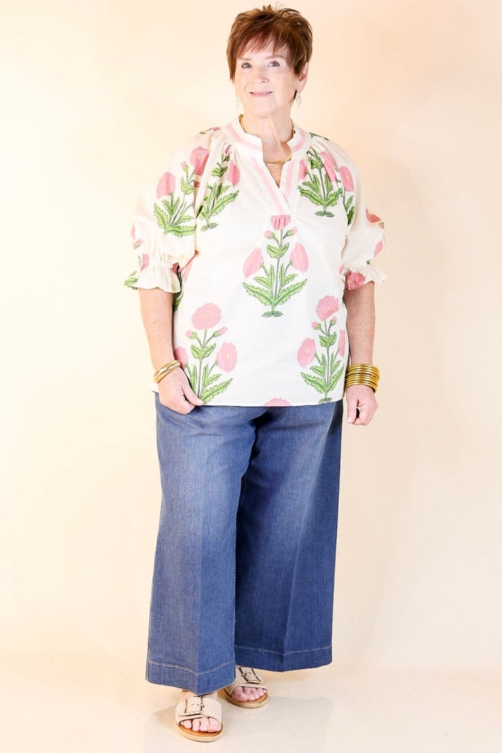 Polished in Petals Floral Print Blouse with Ruffle Sleeves in Cream